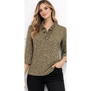 J.McLaughlin Women’s Catalina Cloth Ruffle Neck Top Black Tan Size M Career